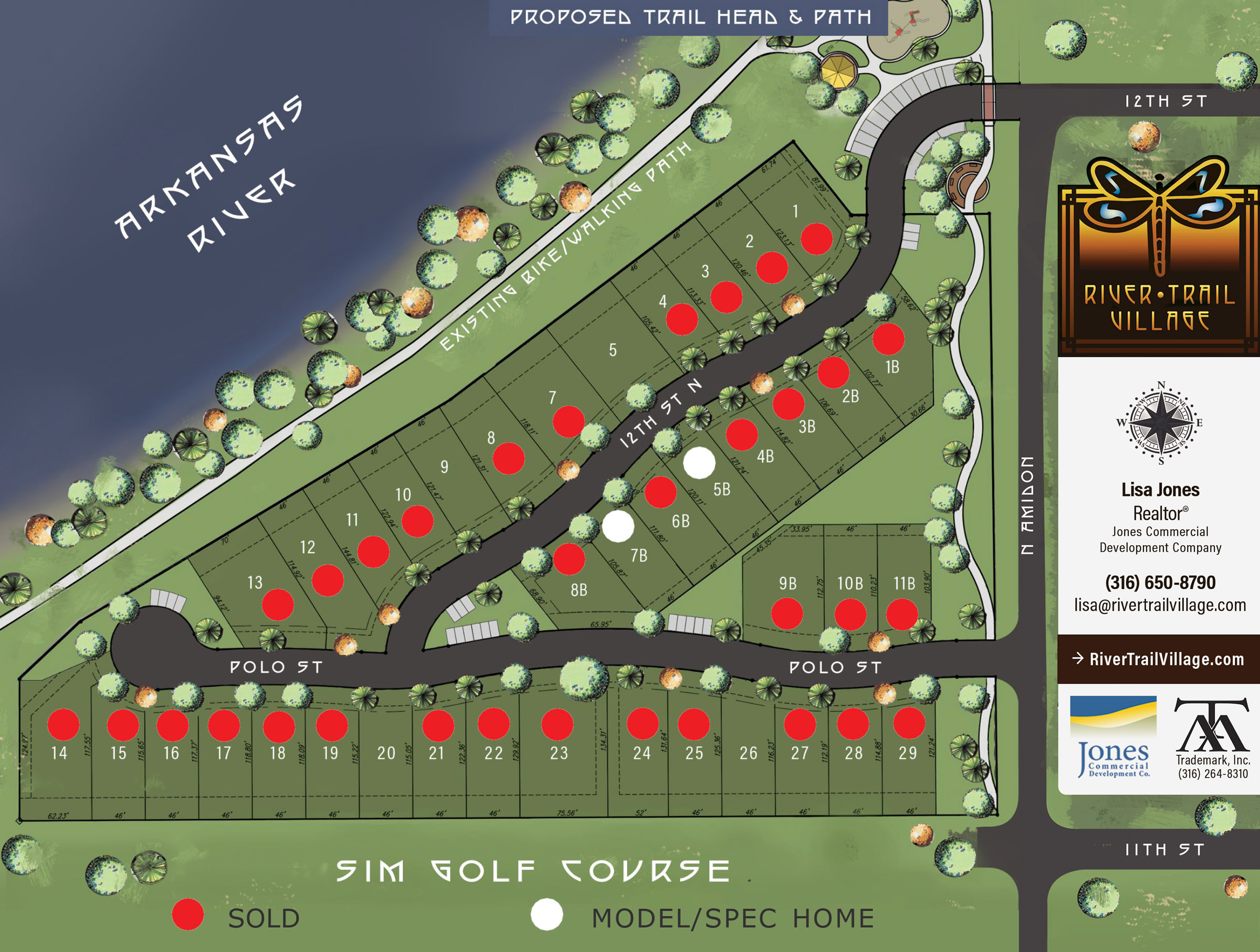 River Trail Village Lot Map showing all prices as well as lot status. Model homes are white dots and sold lots are red dots.