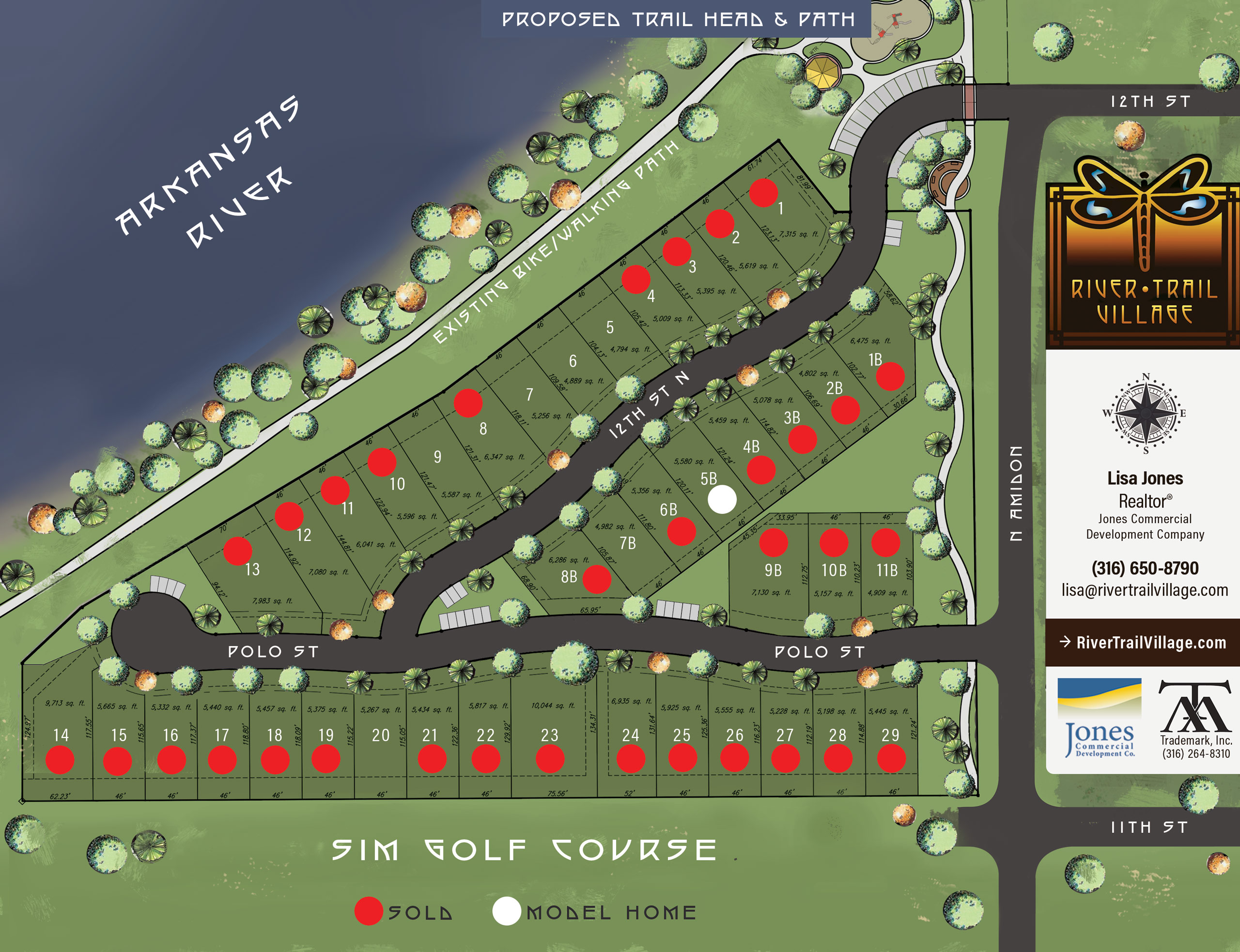 River Trail Village Lot Map showing all prices as well as lot status. Model homes are white dots and sold lots are red dots.