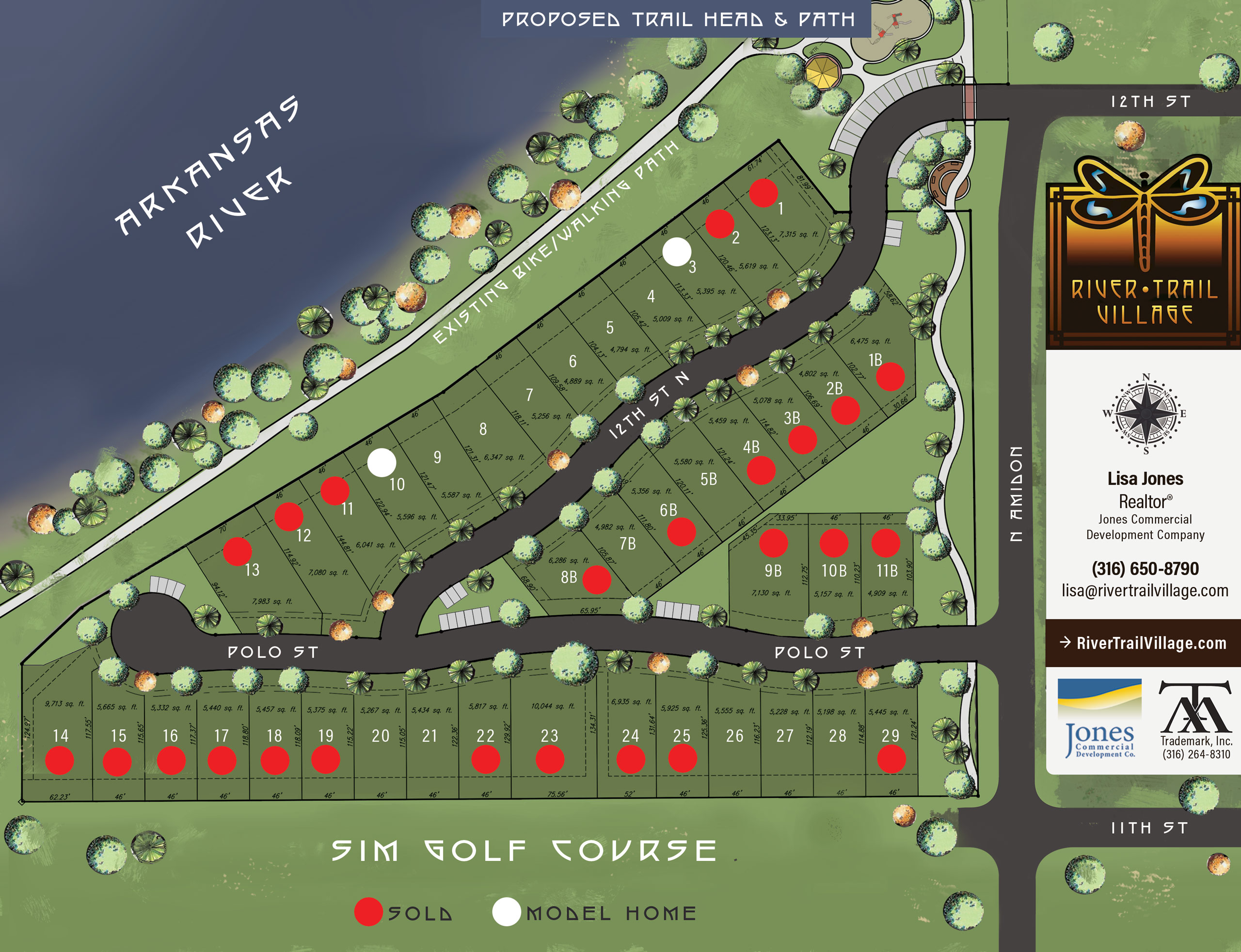 River Trail Village Lot Map showing all prices as well as lot status. Model homes are white dots and sold lots are red dots.