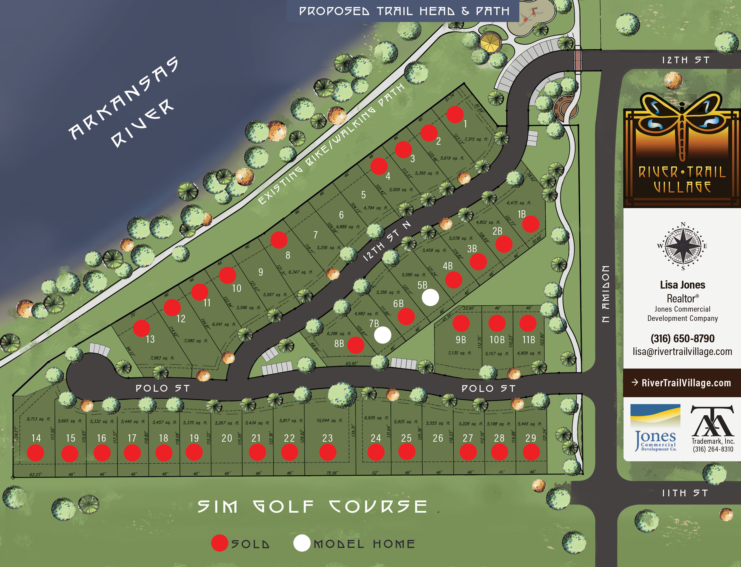 River Trail Village Lot Map showing all prices as well as lot status. Model homes are white dots and sold lots are red dots.